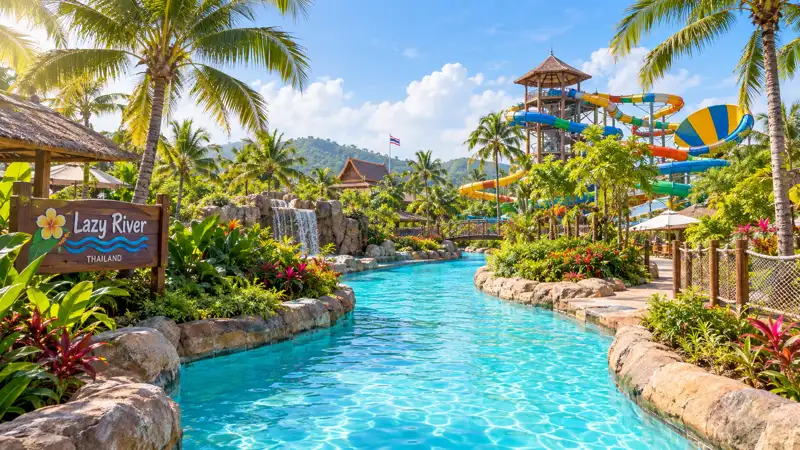 A lazy river winding between palm trees and colorful slides at a tropical water park