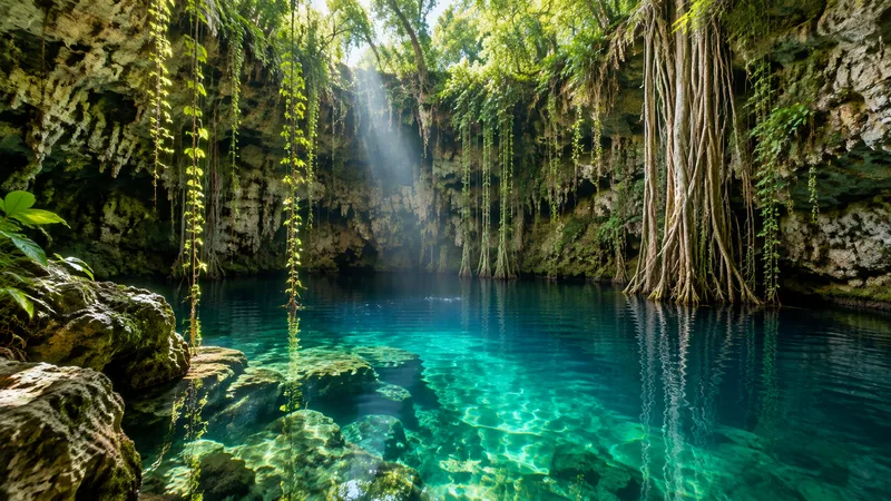 A limestone cenote with clear emerald water, hanging vines and a sunbeam from the opening above
