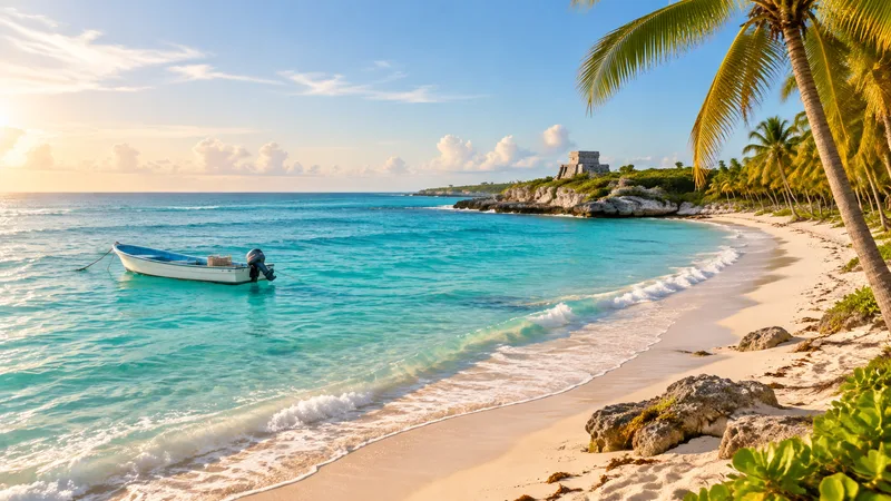 White sand beach with a small boat on turquoise water, palm trees and a distant Mayan ruin on the Riviera Maya coast