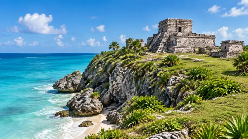 Mayan stone ruins on a grassy cliff above the turquoise sea at Tulum