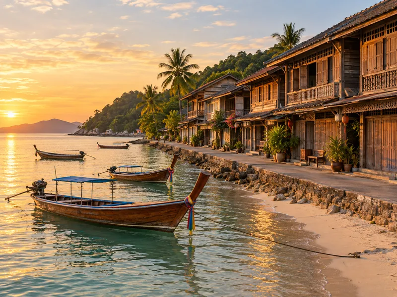 Old wooden shophouses along a quiet beachfront lane