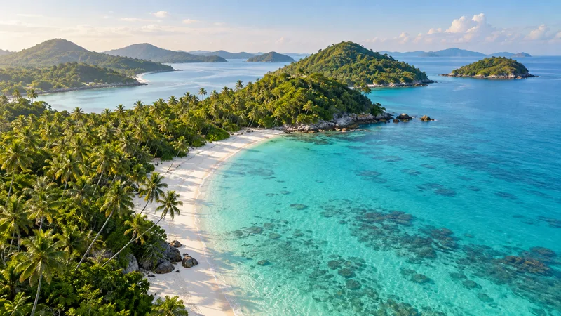 Aerial view of Koh Samui's coastline with coconut palms and turquoise shallows